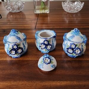 Casa Nova Set of 3 Blue Pansy Ceramic Mini Canister Set